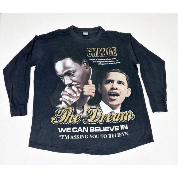 Barack Obama MLK T-Shirt Long Sleeve XL Black The Dream Change Hip Hop Rap Tee - Picture 1 of 7
